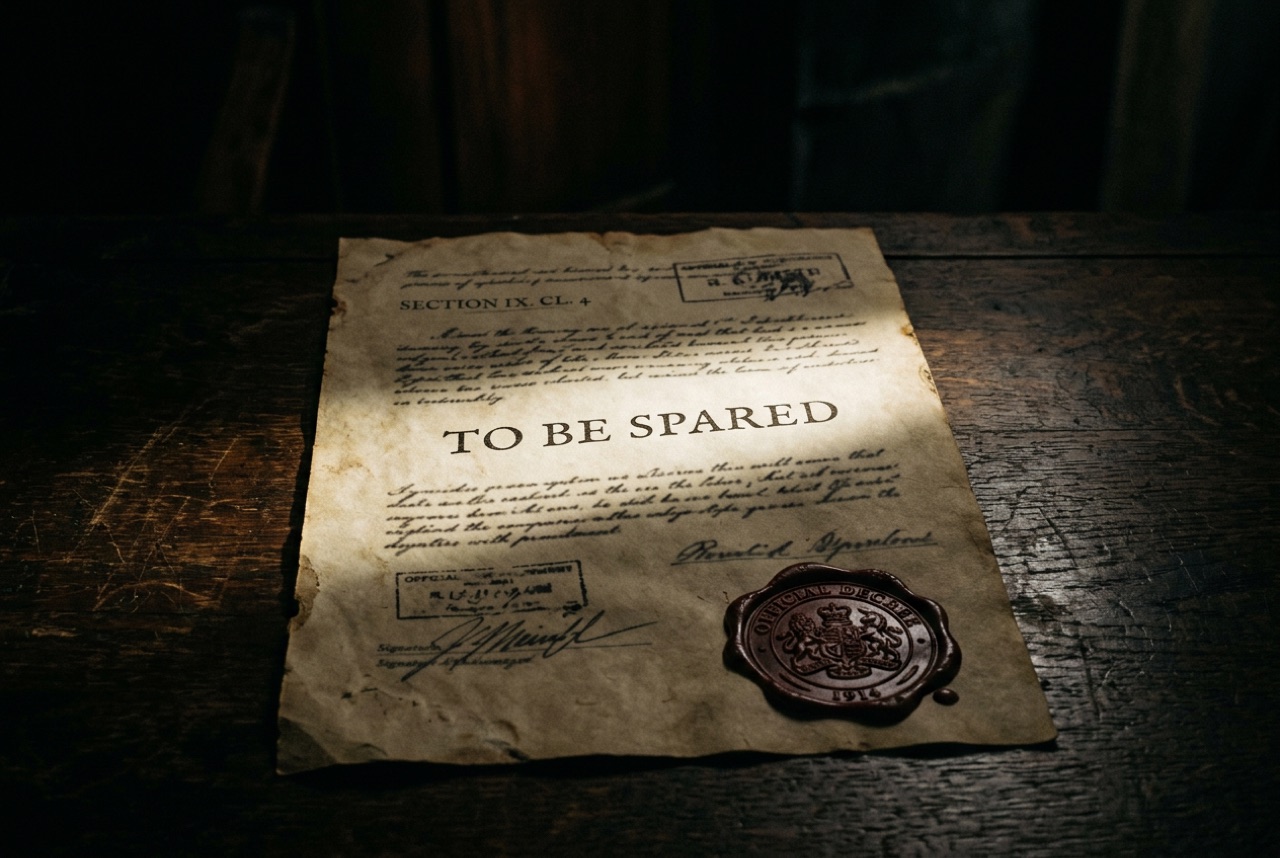 An aged, wax-sealed official decree on a dark table, headed Section IX Clause 4, with the words TO BE SPARED in large serif type