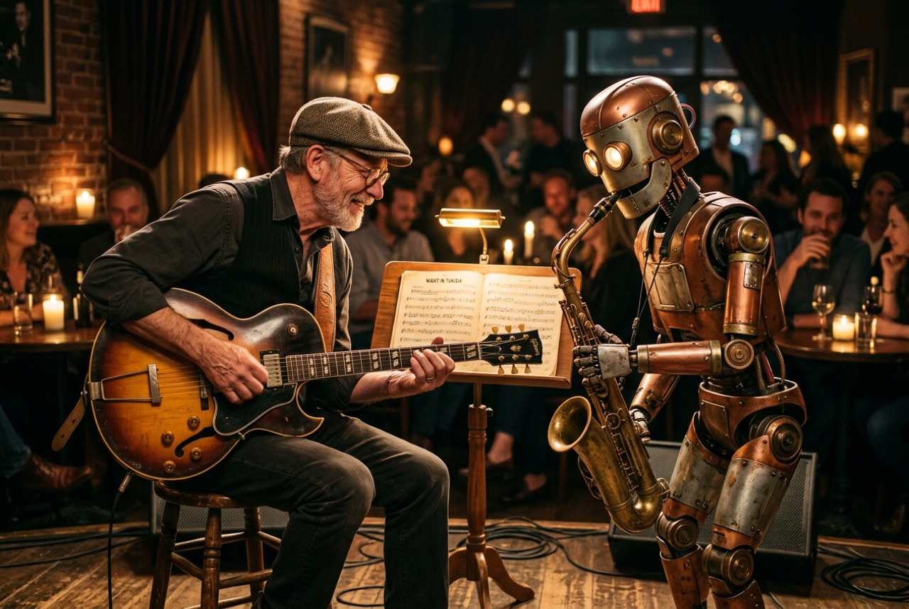 A guitarist in a flat cap trading fours with a brass-and-copper robot holding a saxophone, both grinning, in a warm candlelit club