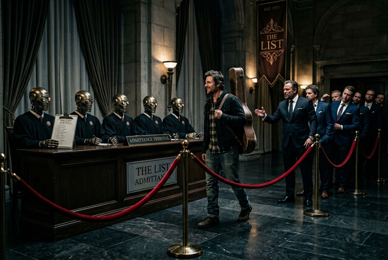 A robed tribunal of robots at an admittance desk marked THE LIST waving a man with a guitar case past the velvet rope while a line of suited men is turned away