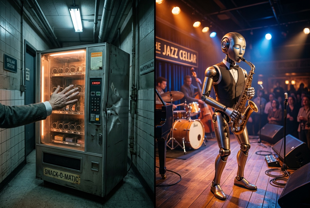 Split image: on the left a hand smacking a SNACK-O-MATIC vending machine flashing ERROR in a grim break room; on the right a polished robot playing saxophone on a jazz club stage