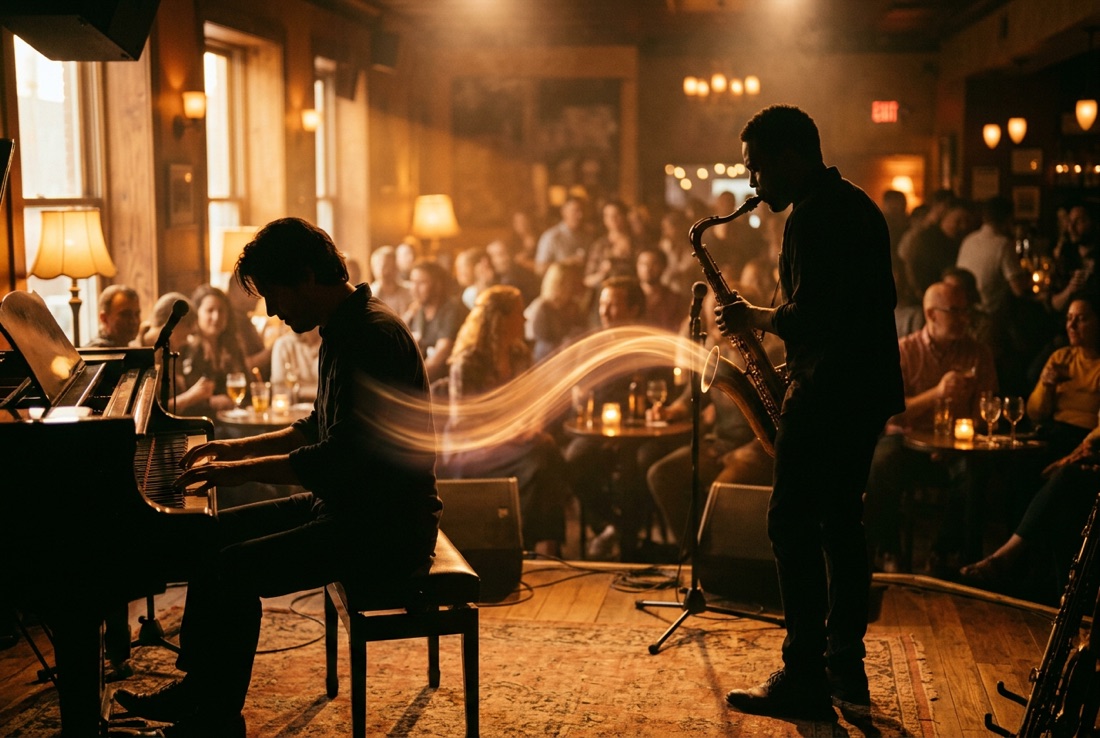 A pianist and a saxophonist in silhouette with a glowing ribbon of light arcing between them