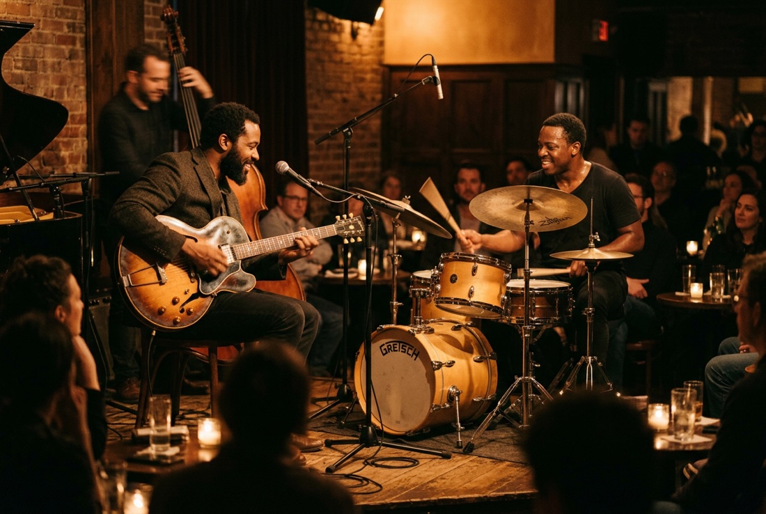A jazz guitarist and a drummer grinning at each other mid-exchange in a candlelit club