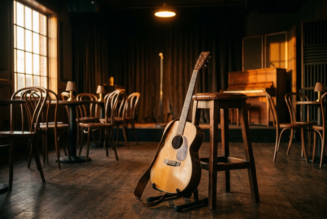 A lone acoustic guitar leaning against a stool in a quiet, warm-lit empty room