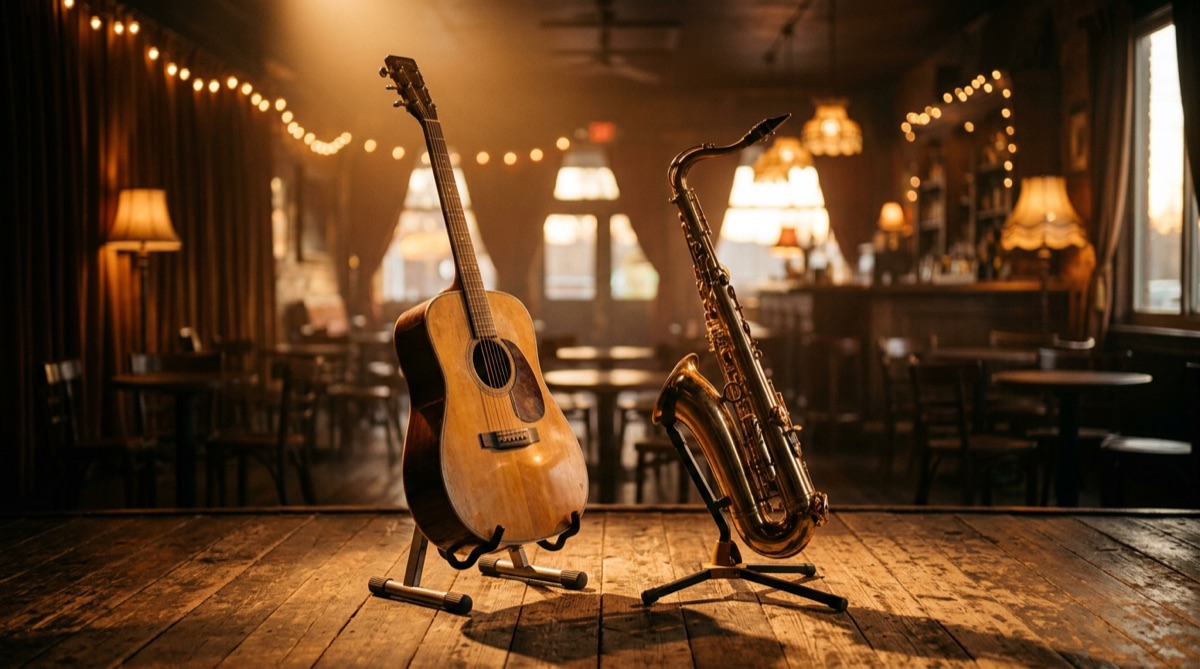 An acoustic guitar and a saxophone on a warm-lit stage, angled toward each other like two players mid-conversation